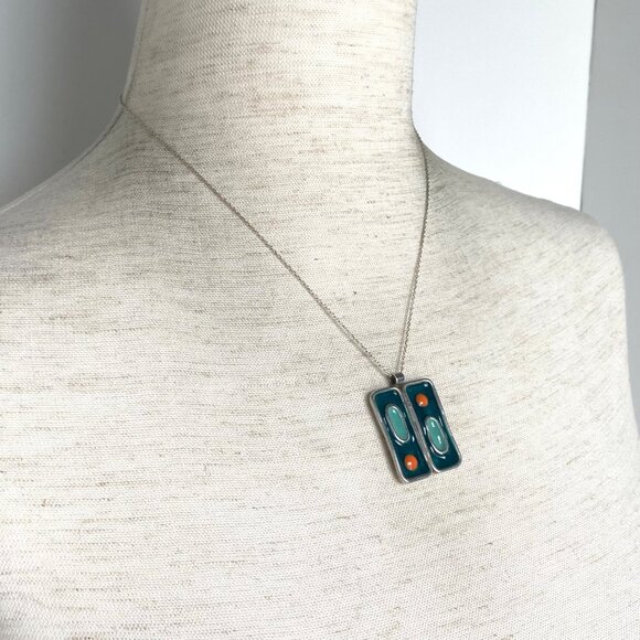 Sterling Silver 925 Modernist Style Enamel Geometric Pendant Necklace 18" Chain - Picture 14 of 16
